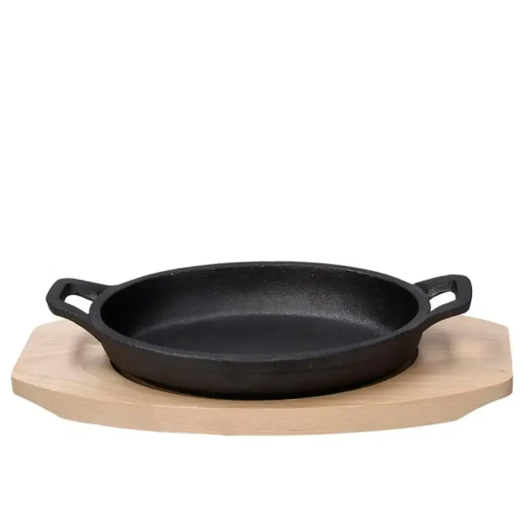 CACEROLA OVALADA 2 ASAS DE HIERRO FUNDIDO 17X11 CM FUSION TASTE CON BASE DE MADERA