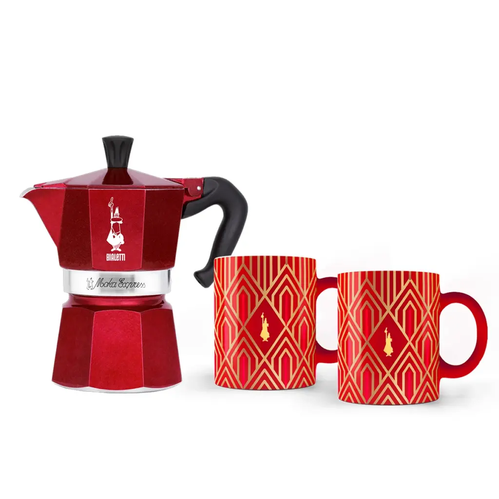 SET MOKA EXPRESS GLAMOUR ROJA 3 TZS + 2 MUG